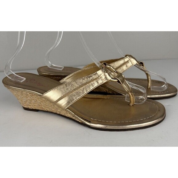 Lilly Pulitzer Shoes - LILLY PULITZER WOMEN'S MCKIM GOLD LEATHER Woven Wedge Thong Slide Sandal 7.5